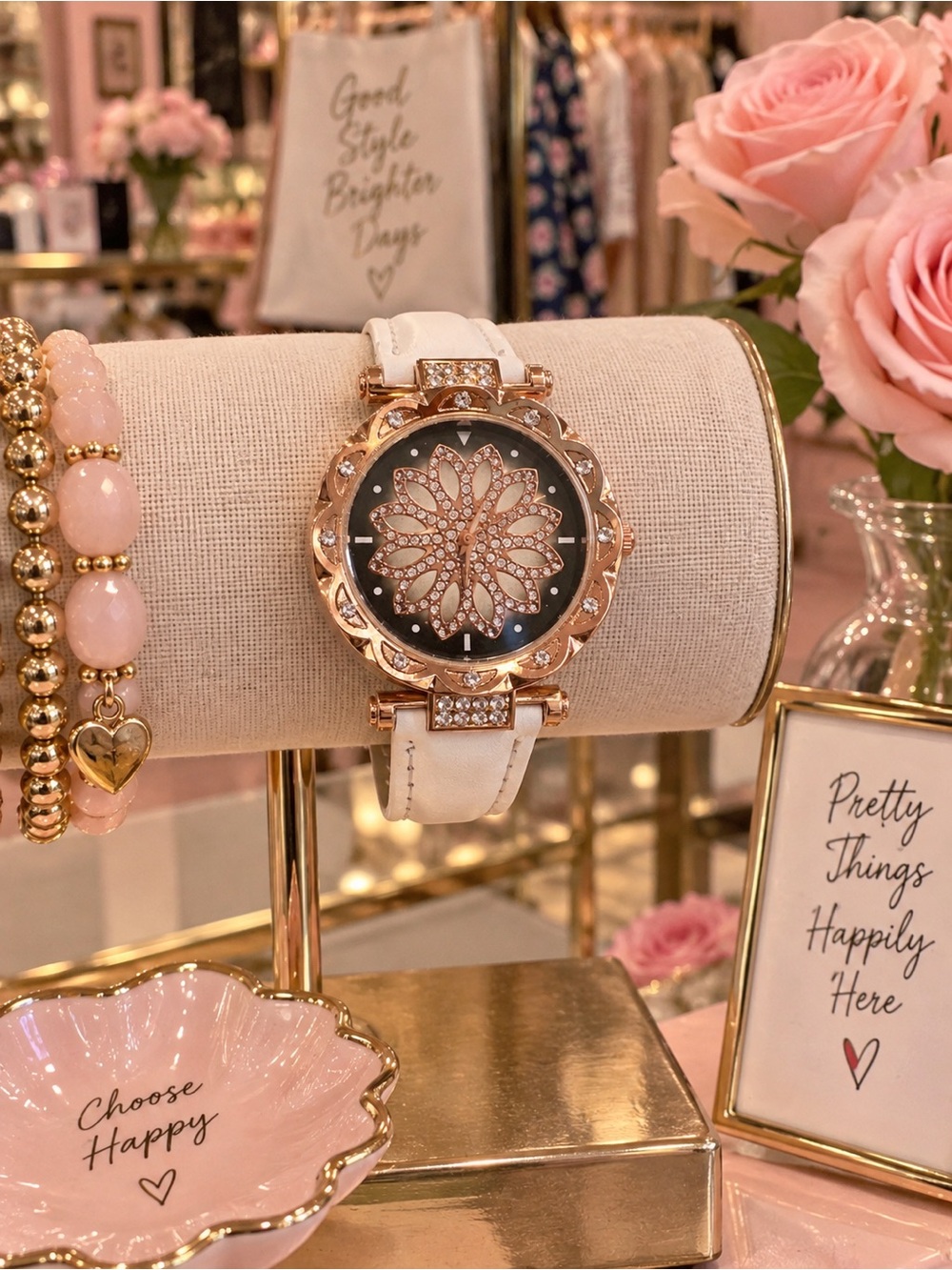 Elegant Rose Gold and White Women's Watch with Crystal Floral Dial NIB